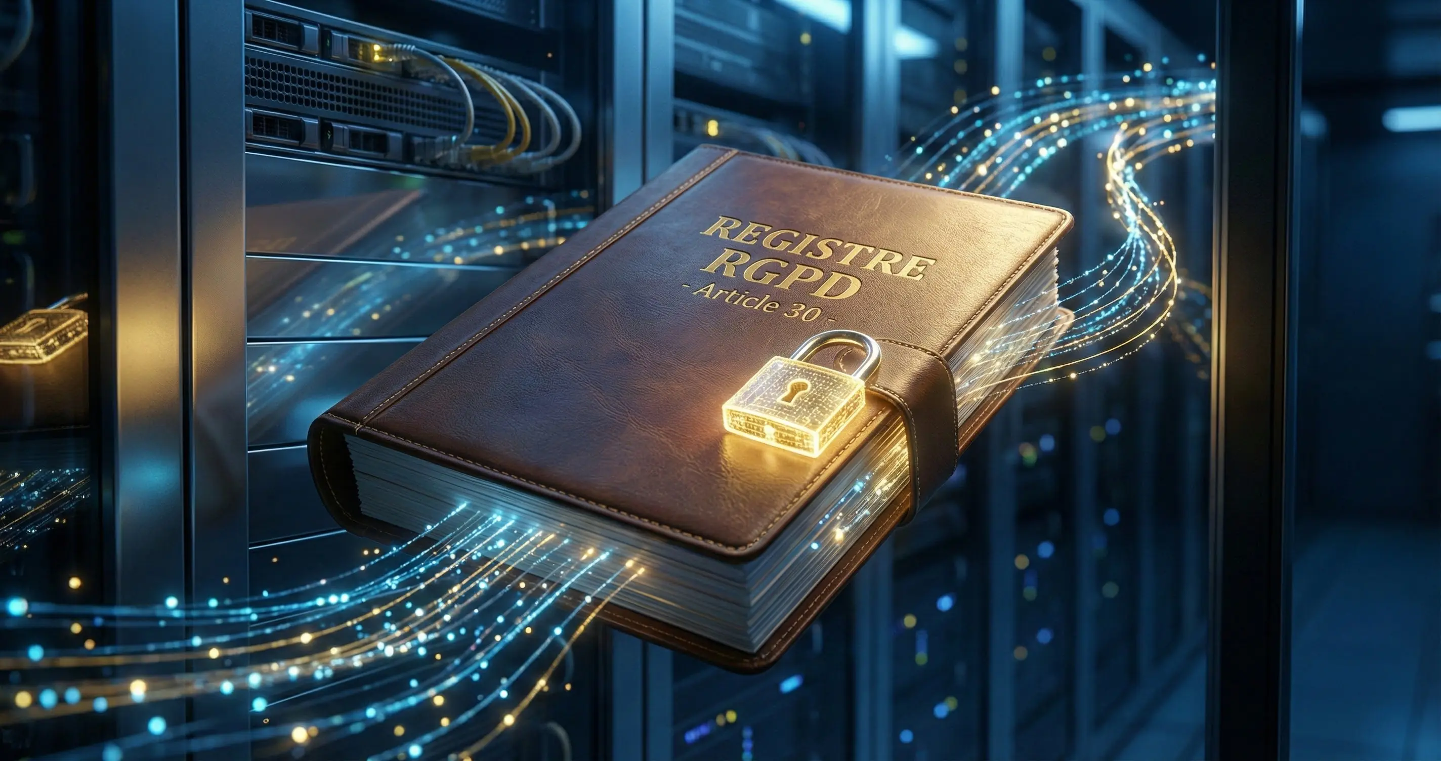 Registre RGPD Article 30 sécurisé par un cadenas numérique, traversé par des flux de données automatisées bleus et or.
