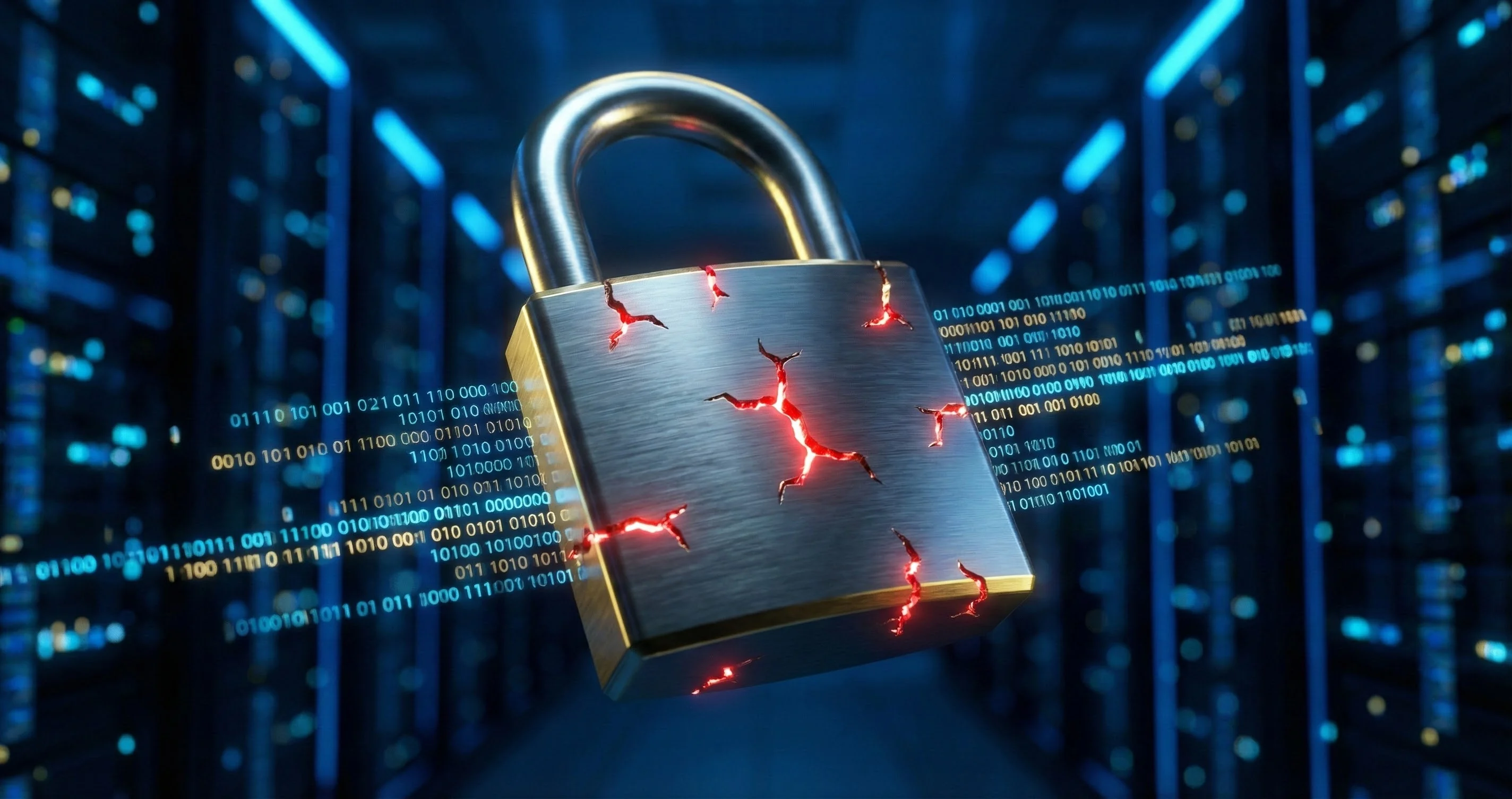 Cadenas numérique massif (Sécurité Cloud) montrant 7 fissures rouges lumineuses représentant les vulnérabilités critiques des PME.