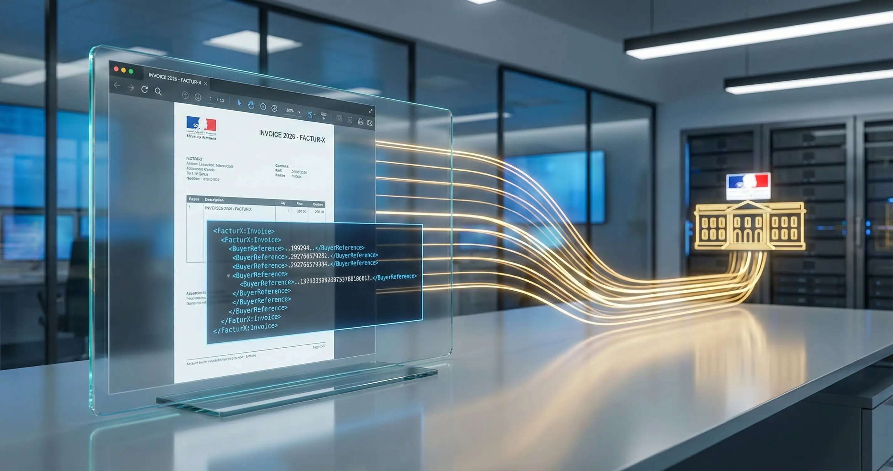 Visualisation d'une facture électronique Factur-X (PDF+XML) transmise via un pipeline numérique sécurisé (or), avec la date 2026 visible.