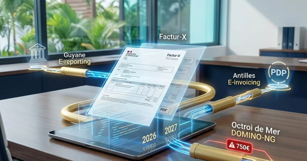 Infographie facturation électronique DOM-TOM avec pipeline numérique reliant systèmes PDP aux PME de Guyane, Martinique et Guadeloupe, calendrier 2026-2027
